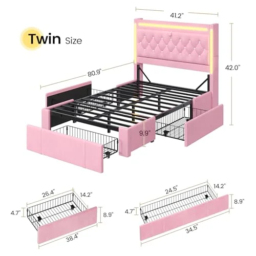 BTHFST Pink Twin Bed Frame with 3 Storage Drawers, photograph 2 of 8 published for this piece