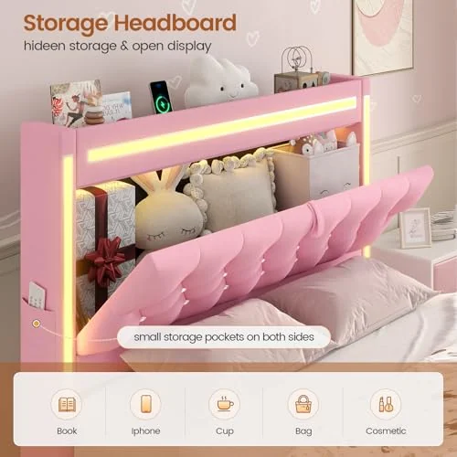 BTHFST Pink Twin Bed Frame with 3 Storage Drawers, photograph 4 of 8 published for this piece