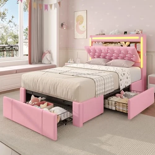 BTHFST Pink Twin Bed Frame with 3 Storage Drawers, beige with 3 drawers, product photo