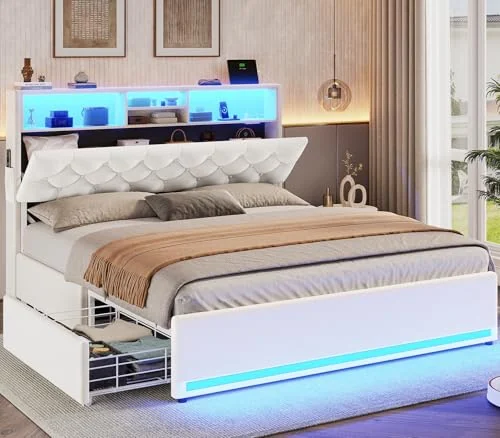 BTHFST Queen Bed Frame with 4 Drawers & Storage, creamy white-velvet, product photo