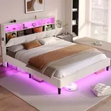 BTHFST Queen Bed Frame with Headboard Storage & LED, creamy white-velvet fabric, product photo