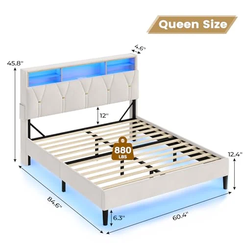 BTHFST Queen Bed Frame with Headboard Storage & LED, photograph 2 of 7 published for this piece
