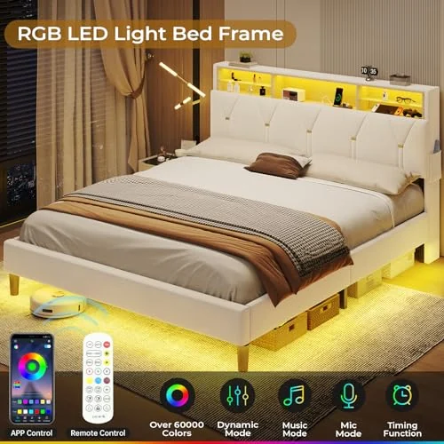 BTHFST Queen Bed Frame with Headboard Storage & LED, photograph 3 of 7 published for this piece
