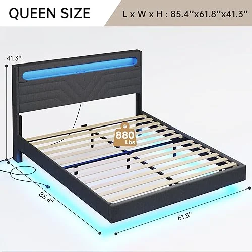 BTHFST Queen Floating Bed Frame with RGB LED Lights, photograph 2 of 8 published for this piece