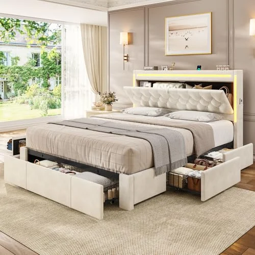 BTHFST Queen Size Bed Frame with 5 Storage Drawers, beige with 5 drawers, product photo