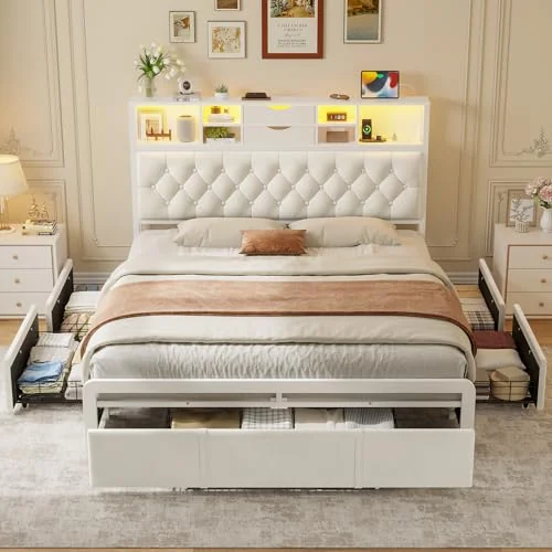 BTHFST Queen Size Bed Frame with 5 Storage Drawers, beige-5 drawers, product photo
