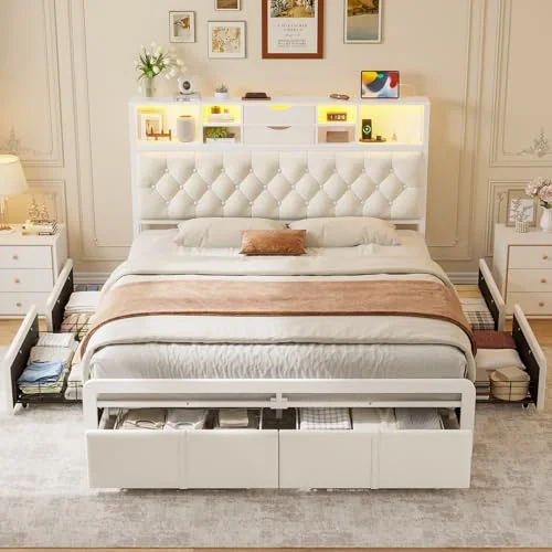 BTHFST Queen Size Bed Frame with 6 Storage Drawers, beige-6 drawers, product photo