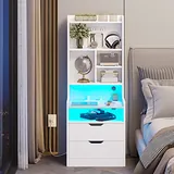 BTHFST Tall Nightstand with Charging Station and LED Lights, white, product photo
