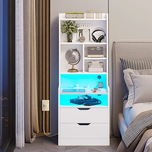 BTHFST Tall Nightstand with Charging Station and LED Lights, white, product photo