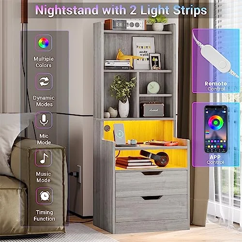 BTHFST Tall Nightstand with Charging Station and LED Lights, photograph 3 of 9 published for this piece