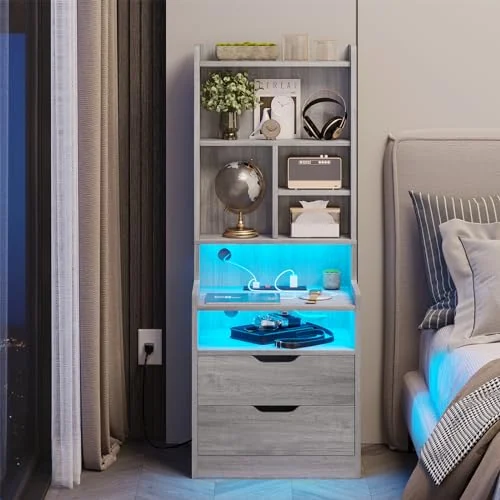 BTHFST Tall Nightstand with Charging Station and LED Lights, grey, product photo