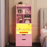 BTHFST Tall Nightstand with Charging Station & LED Lights, pink, product photo