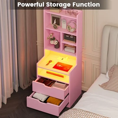 BTHFST Tall Nightstand with Charging Station & LED Lights, photograph 4 of 8 published for this piece