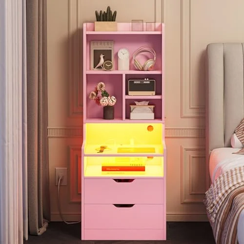 BTHFST Tall Nightstand with Charging Station & LED Lights, pink, product photo