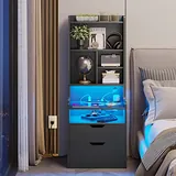 BTHFST Tall Nightstand with LED Lights and Charging Station, black, product photo