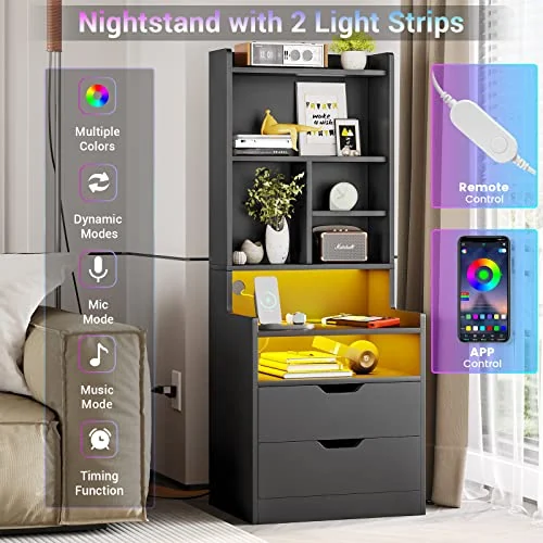 BTHFST Tall Nightstand with LED Lights and Charging Station, photograph 3 of 8 published for this piece
