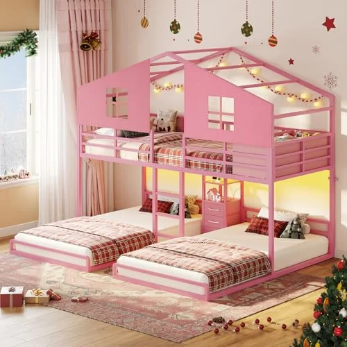 BTHFST Triple Bunk Bed Twin Over Twin, pink, product photo