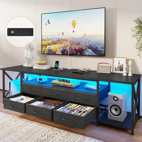 BTHFST TV Stand with LED Lights & Power Outlets, black, product photo