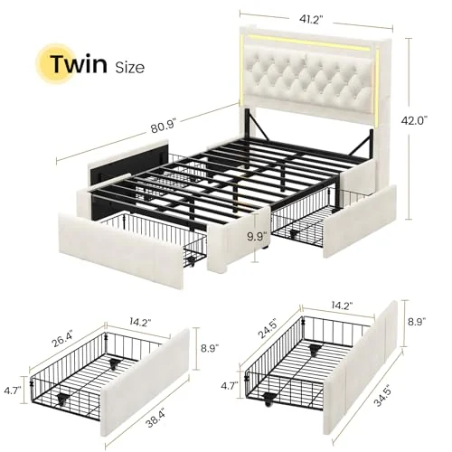 BTHFST Twin Bed Frame with 3 Storage Drawers, photograph 2 of 8 published for this piece