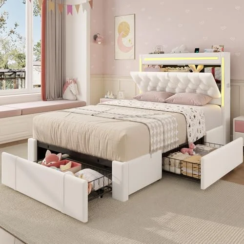BTHFST Twin Bed Frame with 3 Storage Drawers, beige with 3 drawers, product photo