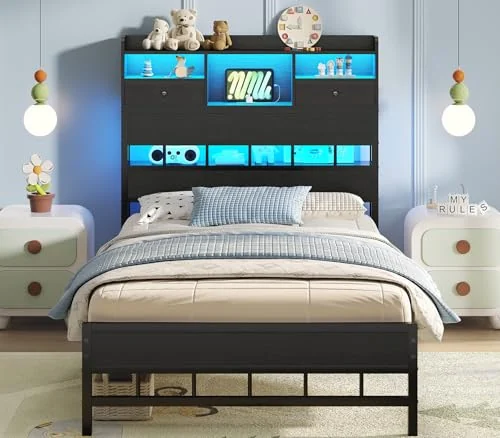 BTHFST Twin Bed Frame with Storage Headboard, black, product photo