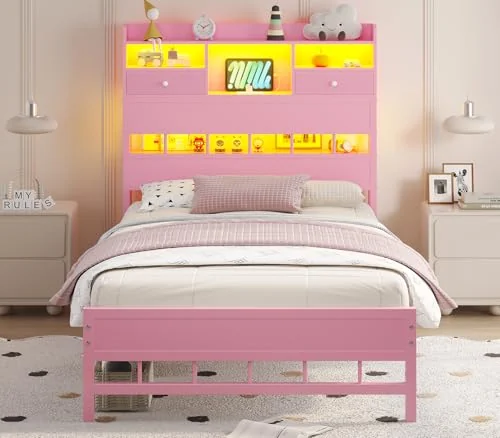 BTHFST Twin Bed Frame with Storage Headboard, pink, product photo