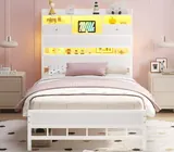 BTHFST Twin Bed Frame with Storage Headboard, white, product photo