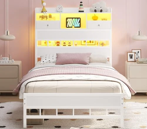 BTHFST Twin Bed Frame with Storage Headboard, white, product photo