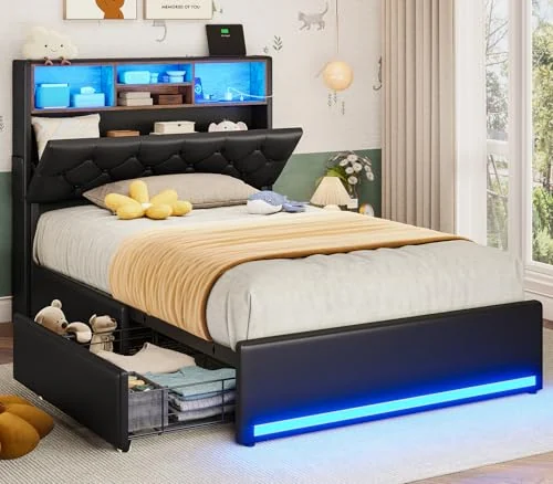 BTHFST Twin Bed Frames with Storage Headboard, black-pu leather, product photo