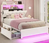 BTHFST Twin Bed Frames with Storage Headboard, creamy white-velvet, product photo