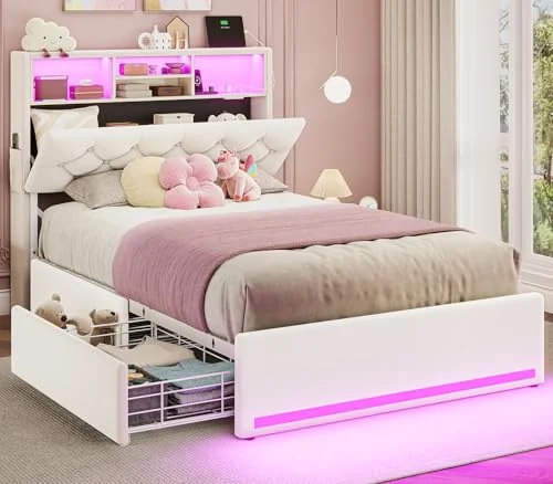 BTHFST Twin Bed Frames with Storage Headboard, creamy white-velvet, product photo