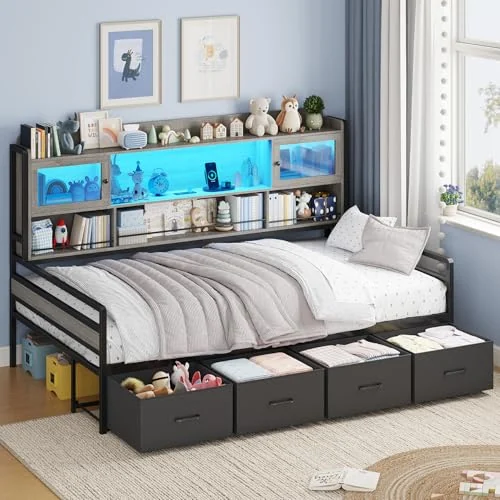 BTHFST Twin Daybed with 4 Storage Drawers & 3-Tier, grey & black, product photo