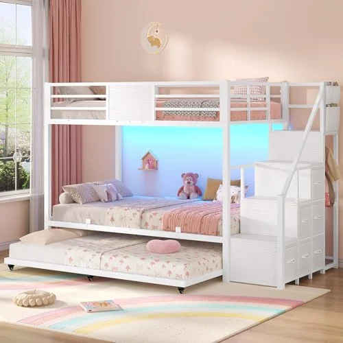 BTHFST Twin Over Twin Bunk Bed with Trundle, white, product photo
