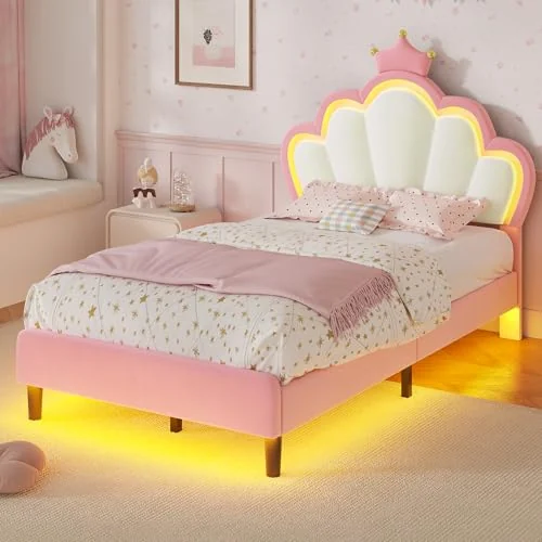 BTHFST Twin Size Bed Frame with LED Lights, beige & pink, product photo