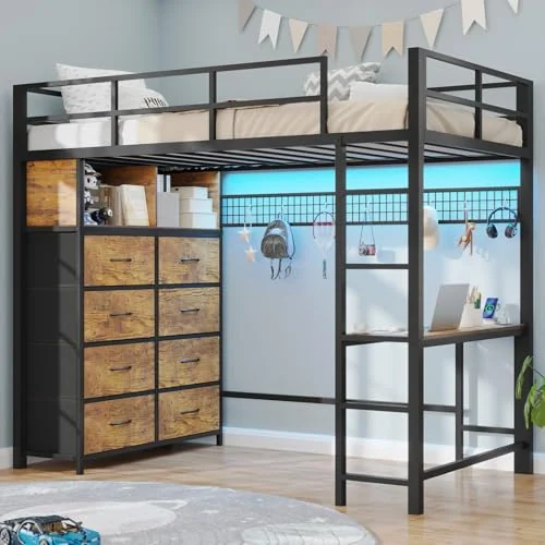 BTHFST Twin Size Loft Bed with Desk and 8, black, product photo