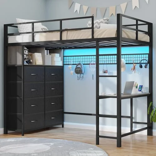 BTHFST Twin Size Loft Bed with Desk and 8, grey, product photo