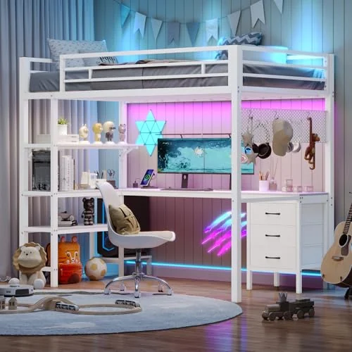 BTHFST Twin Size Loft Bed with Desk and Storage, white, product photo