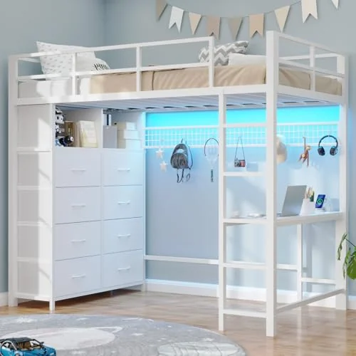 BTHFST Twin Size Loft Bed with Desk and 8, white, product photo